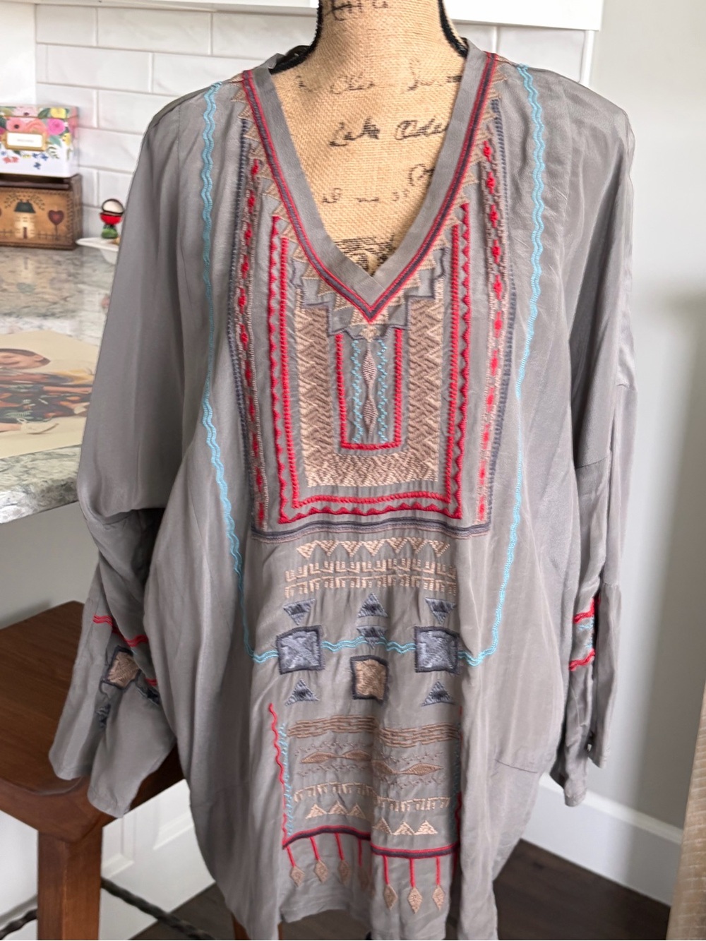 Johnny Was Biya Embroidered V-Neck Boho Tunic in Gray with Multicolor Stitching